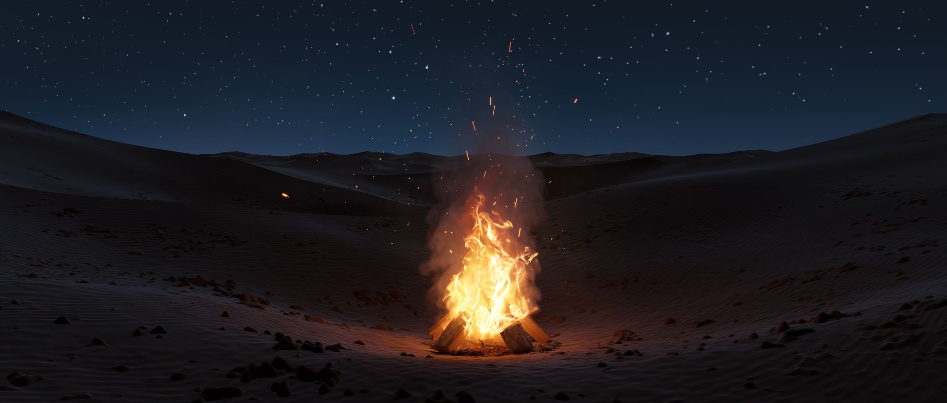 large bonfire with sparks and particles at sand dunes at night. 3D Rendering